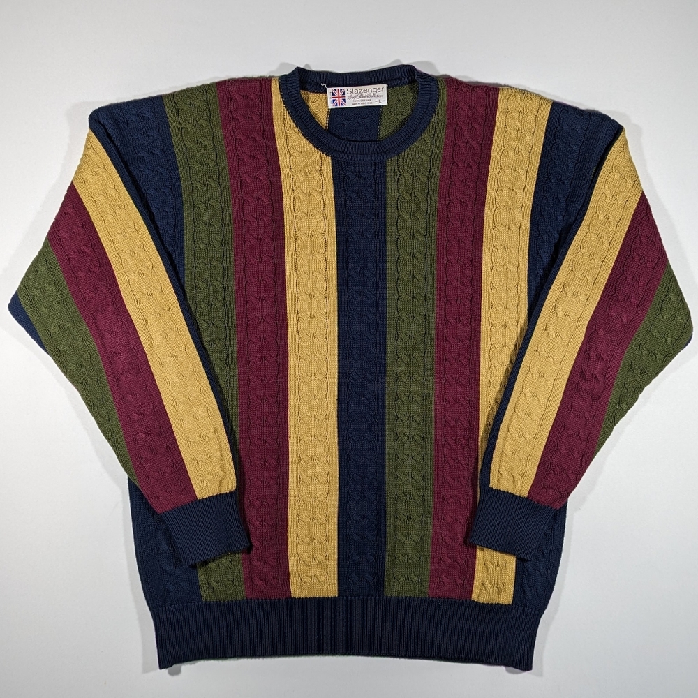 Vintage Slazenger Striped Cable Knit Men's Size Large Earth Tones Rare Golf Shop